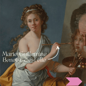 Autoportrait de Marie-Guillemine Benoist, cheveux blonds bouclés, tunique blanche à l'antique, tenant des pinceaux dans les mains, devant une toile qu'elle peint