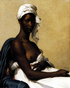 Peinture de Marie-Guillemine Benoist, représentant une femme noire coiffée d'un turban blanc, portant une tunique blanche — fond ocre à la manière de Jacques Louis David