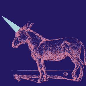 Gravure d'un âne rose portant une corne factice bleue pour se faire passer pour une licorne — image réalisée pour illustrer mon article sur les Imposteurs