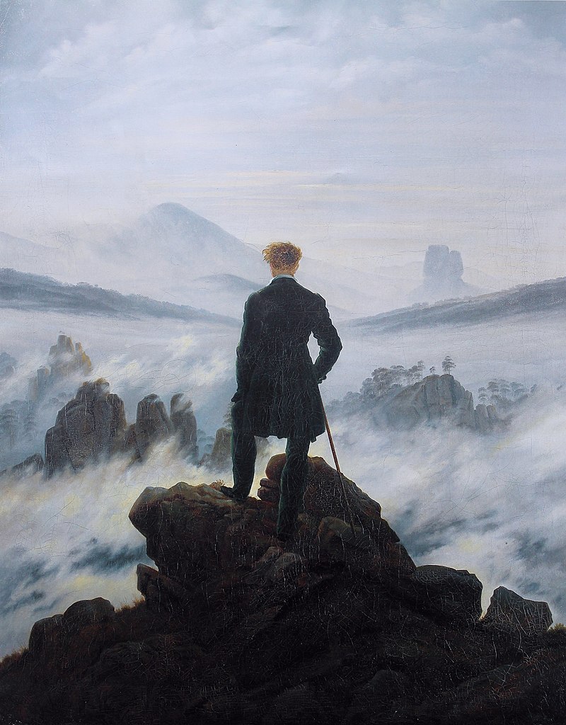 Caspar David Friedrich, Promeneur au dessus de la mer de nuages, Kunsthalle de Hambourg, circa 1817 — source : Wikimedia — Monsieur  vu de dos se tenant debout sur un rocher, canne à la main — devant lui s'étend un paysage fait de nuages avec quelques rochers bruns émergeant — illustration de mon article sur la rêverie