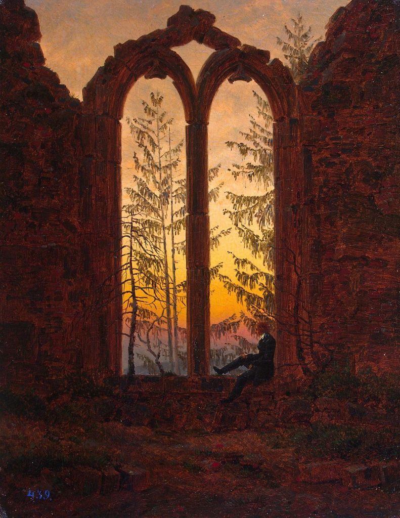 Caspar David Friedrich, Le rêveur, 1840 — source : Wikimedia — jeune homme assis dans une abbaye en ruine au soleil couchant — illustration pour mon article sur la rêverie