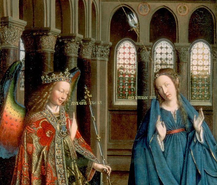Jan van Eyck, Annonciation, huile sur toile transposée sur panneau de bois, Washington National Gallery of Art — Wikimedia