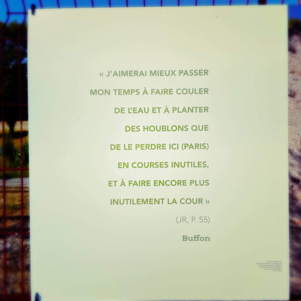 Citation de Buffon sur les grilles de la gare de Montbard — juin 2023. Il dit : "J'aimerai mieux passer mon temps à faire couler de l'eau et à planter des houblons que de le perdre ici (à Paris) en courses inutiles et à faire plus inutilement la cour" — Buffon adorait rester dans son château à Montbard à observer ses plantations qu'aller à Paris. 
