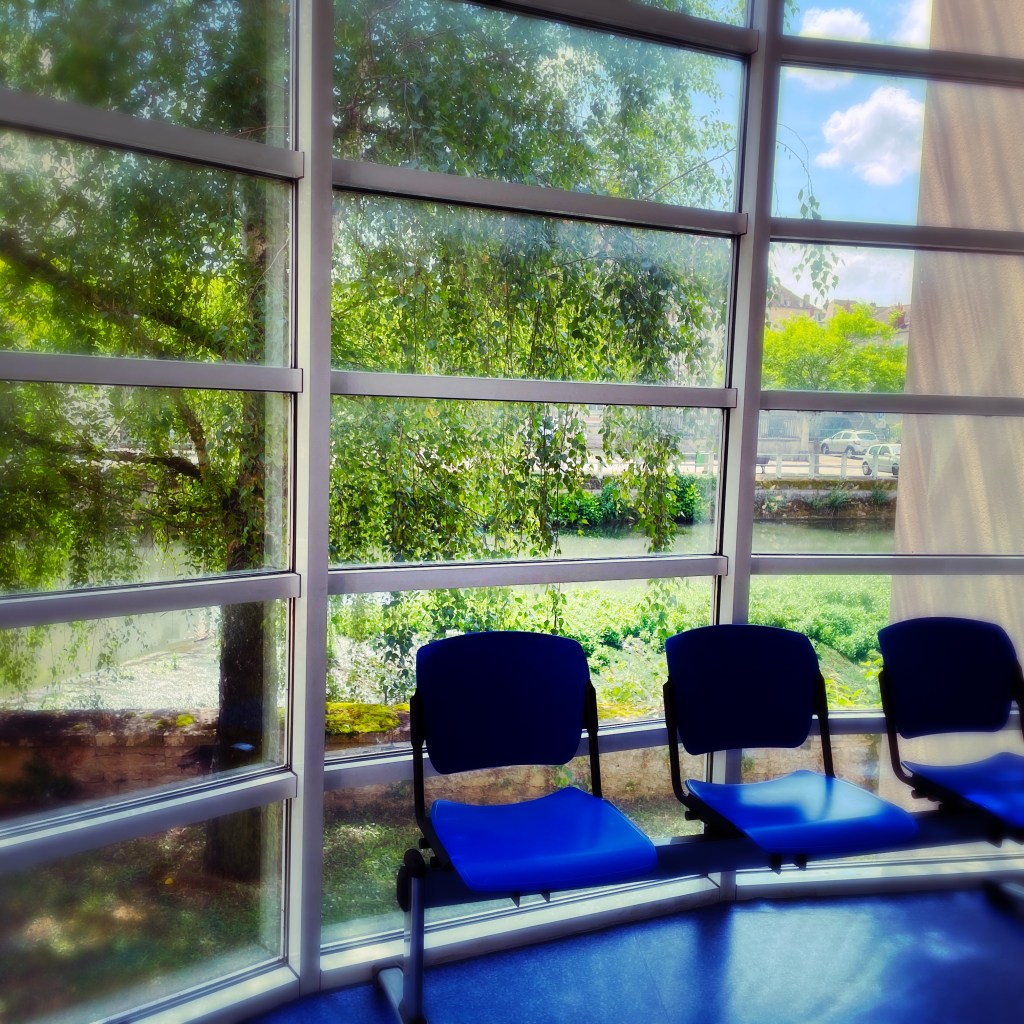 Salle d'attente de l'hôpital de Montbard — très belle vue sur la Brenne — juin 2023