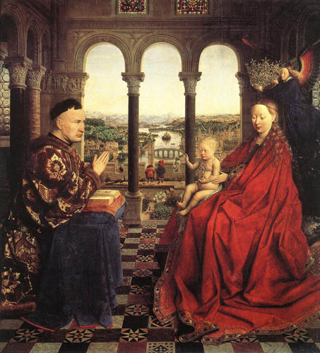 Jan Van Eyck, la Vierge du Chancelier Rolin, 1435, huile sur bois, Musée du Louvre, Paris — Wikimedia — un ange couronne la Vierge 