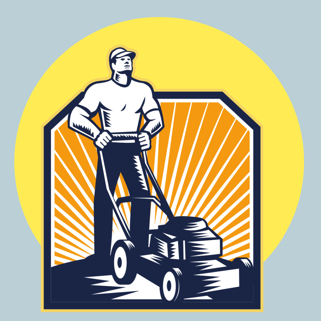 Boomerland — homme tondant sa pelouse d'un air martial et viril