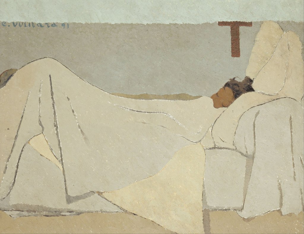 Edouard Vuillard, Au lit, 1891, Musée d'Orsay — Source : Wikimedia — Dans des draps beiges, émerge une tête marron aux yeux fermés, cheveux noirs, fond gris — quelques traits — peinture très stylisée qui évoque plus qu'elle ne montre. 