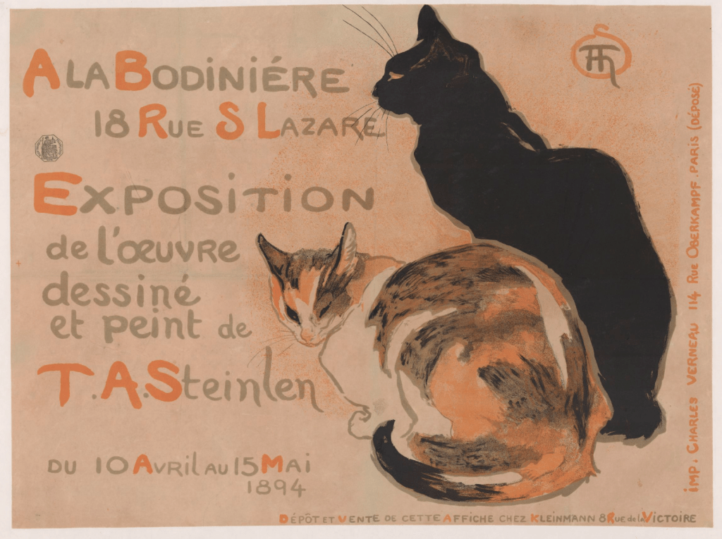 Steinlen, Exposition personnelle à La Bodinière (avril-mai 1894), affiche lithographiée. Source : Wikimedia