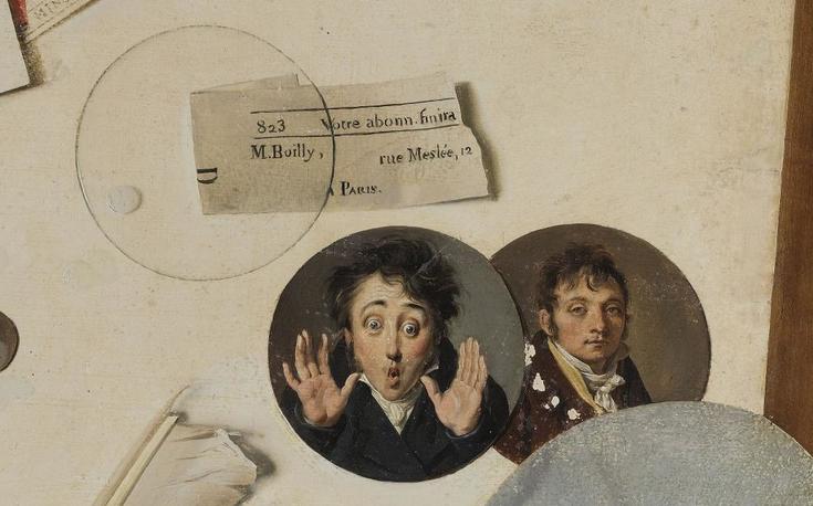 Boilly, Trompe l'œil aux pièces de monnaie, PBA de Lille, détail de l'adresse et de l'autoportrait
