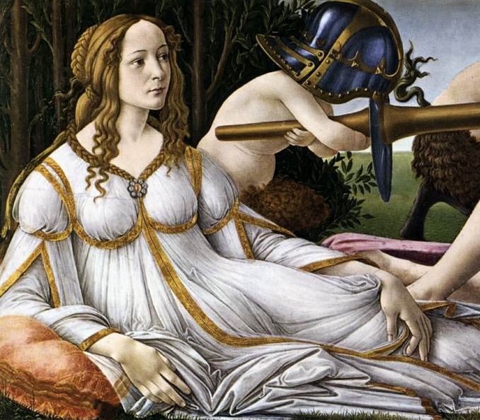 Sandro Botticelli, Vénus et Mars, détail de Vénus, 1483, tempera sur bois, National Gallery, Londres — source : Wikimedia