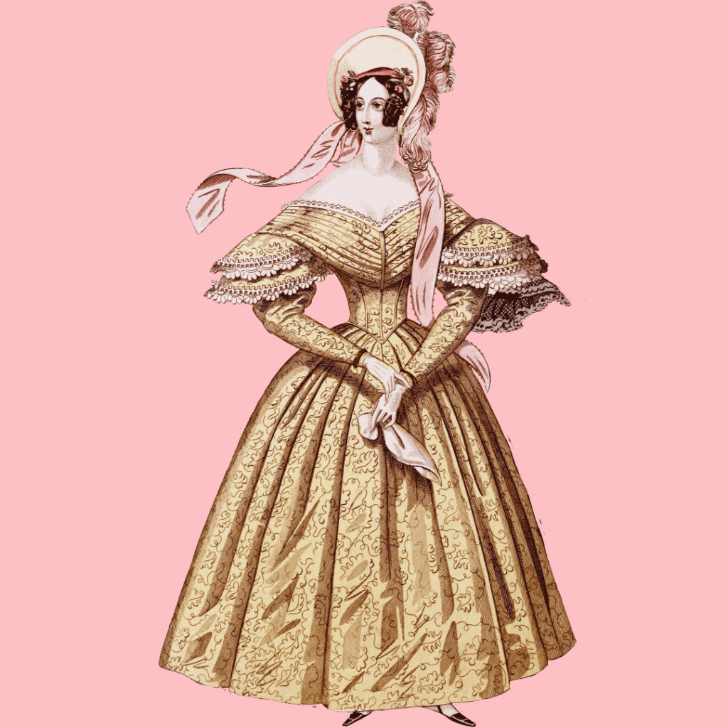 jeune femme brune vêtue à la mode 1830, avec chapeau à plume et long rubans roses, robe beige à manches ballon, tenant un mouchoir rose dans sa main droite