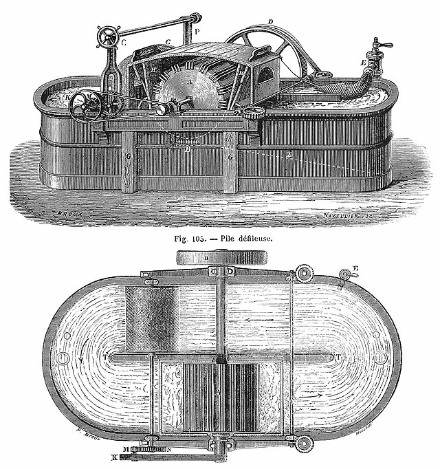 Gravure montrant une vue de profil et en hauteur d'une machine à laver de 1873