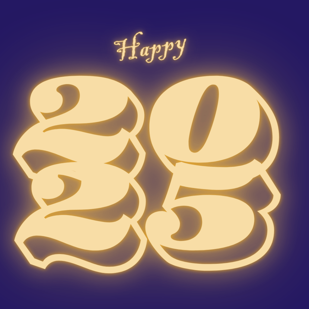 Happy 2025 écrit en jaune néon sur fond bleu de nuit