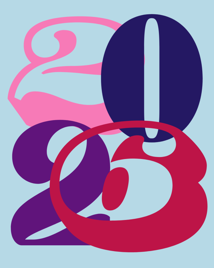 Chiffres de tailles et couleurs différents formant 2026 sur fond bleu