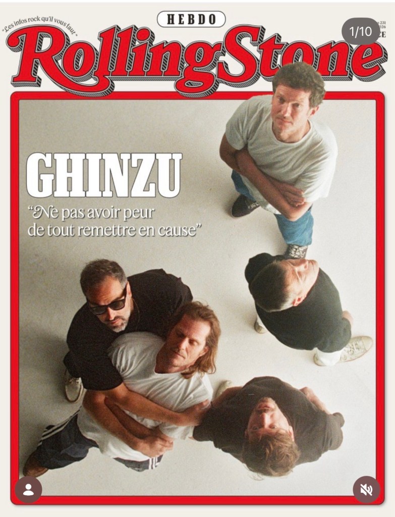 Couverture du Rolling Stone hebdomadaire du 29 mai 2026 montrant les membres du groupe Ghinzu en plongée, têtes relevées.